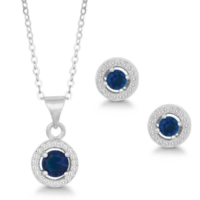 women’s statement earrings-Sterling Silver Round Navy Blue CZ Pendant and Earrings Set