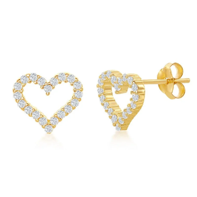 women’s diamond stud earrings-Sterling Silver Gold Plated Open Heart CZ Stud Earrings