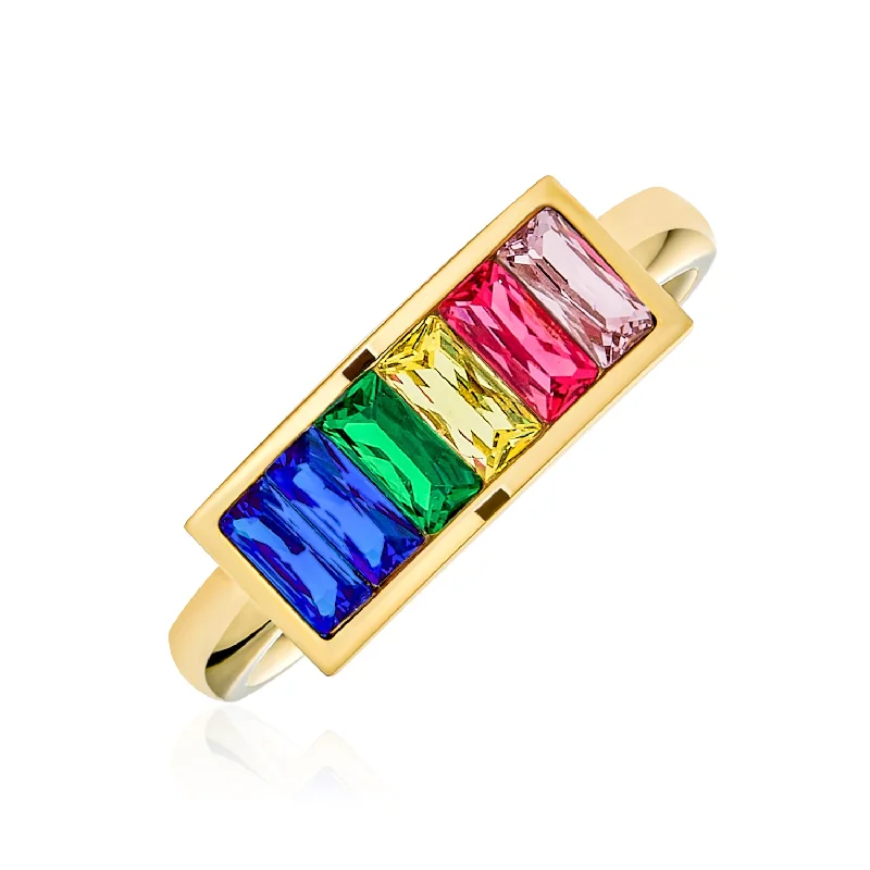 women’s minimalist ring-Mens Stainless Steel Gold Tone Rainbow Ring with Princess Cut Square CZs for LGBTQ