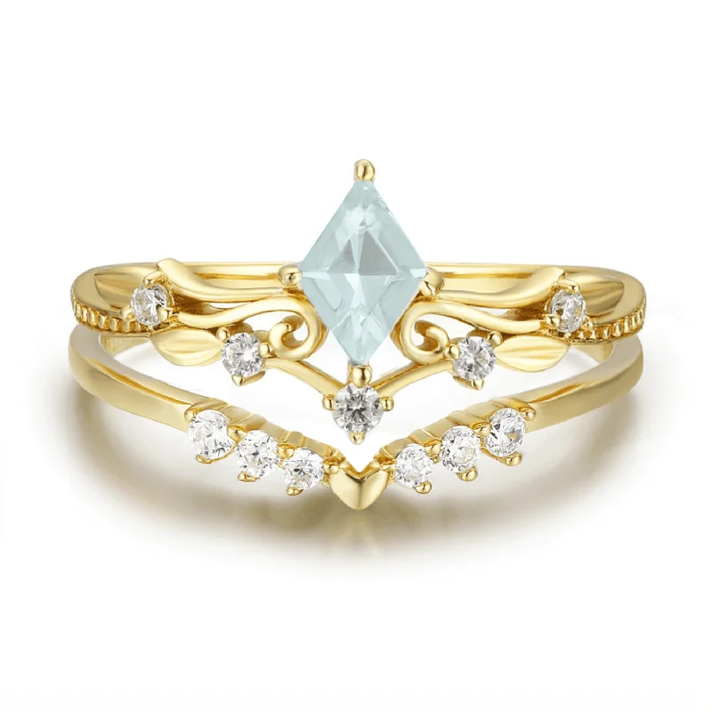 women’s gold signet ring-Victorian Lace Aquamarine© and Hearty Heart Ring Set (Yellow Gold)