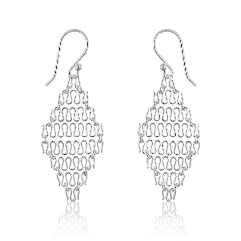 women’s multi-stone earrings-Sterling Silver Chain Link Diamond Shaped Wire Earrings