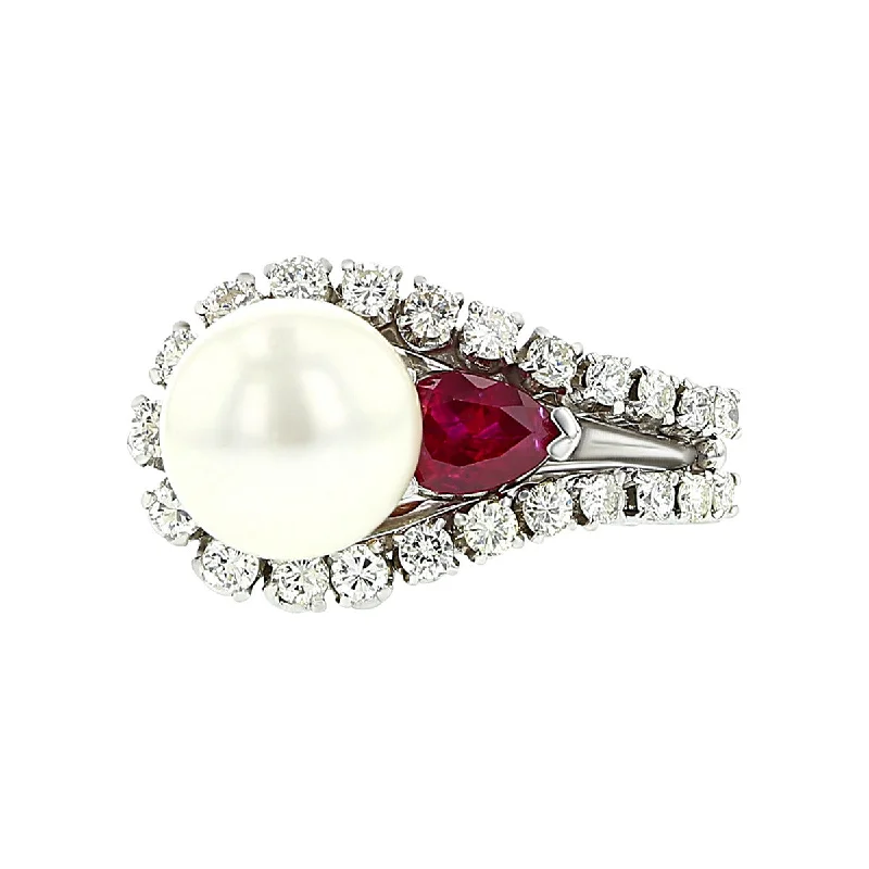 14K White Gold Pearl, Ruby and Diamond Ring