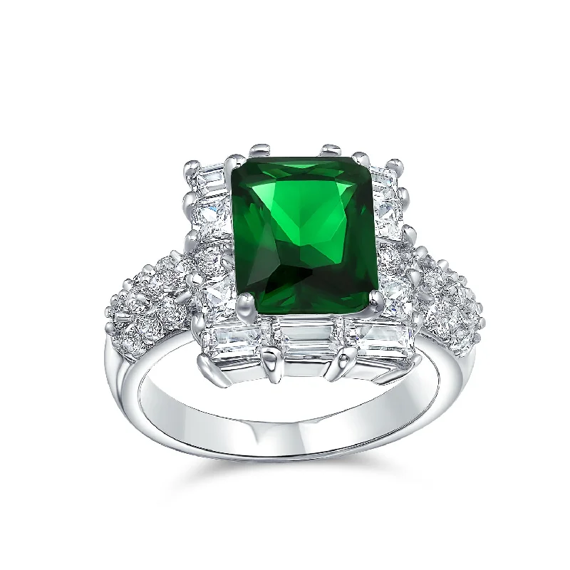 women’s engagement ring set-Fashion Rectangle CZ Pave Simulated Emerald 5CT Cocktail Statement Ring Silver Plated