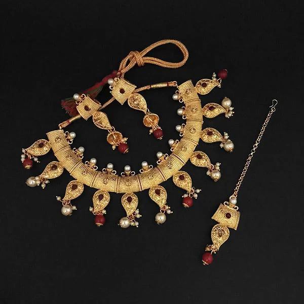 women’s diamond necklace-Amina Creation Maroon Austrian Stone And Pearl Necklace Set With Maang Tikka -1107993B