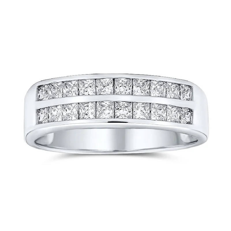 women’s adjustable gemstone ring-Cocktail Statement Ring: Two Row CZ Channel Set Princess Cut Anniversary Band 925 Silver