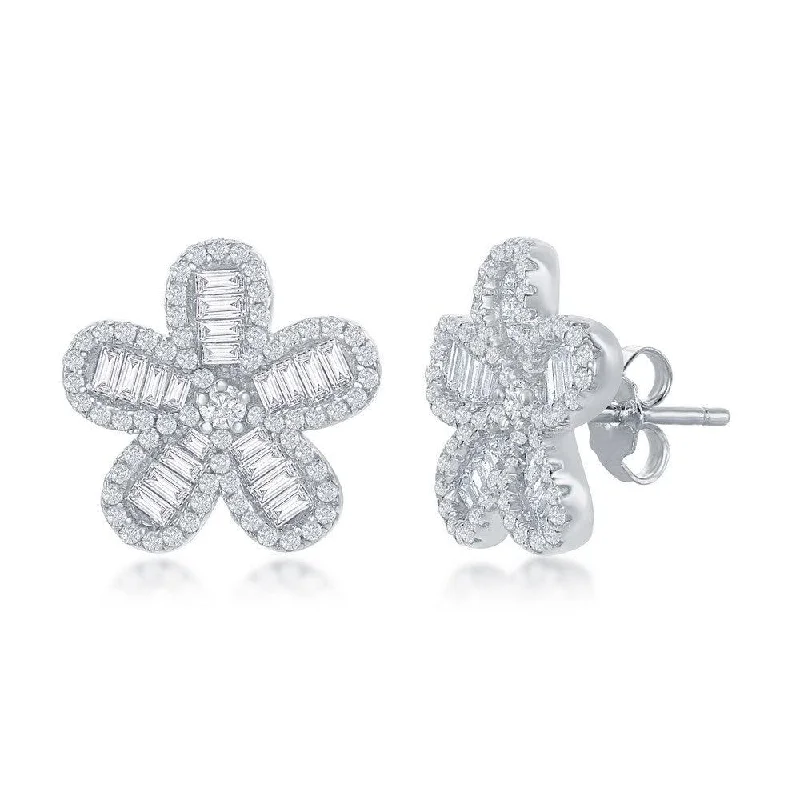 women’s wedding earrings-Sterling Silver Baguette CZ Flower Stud Earrings