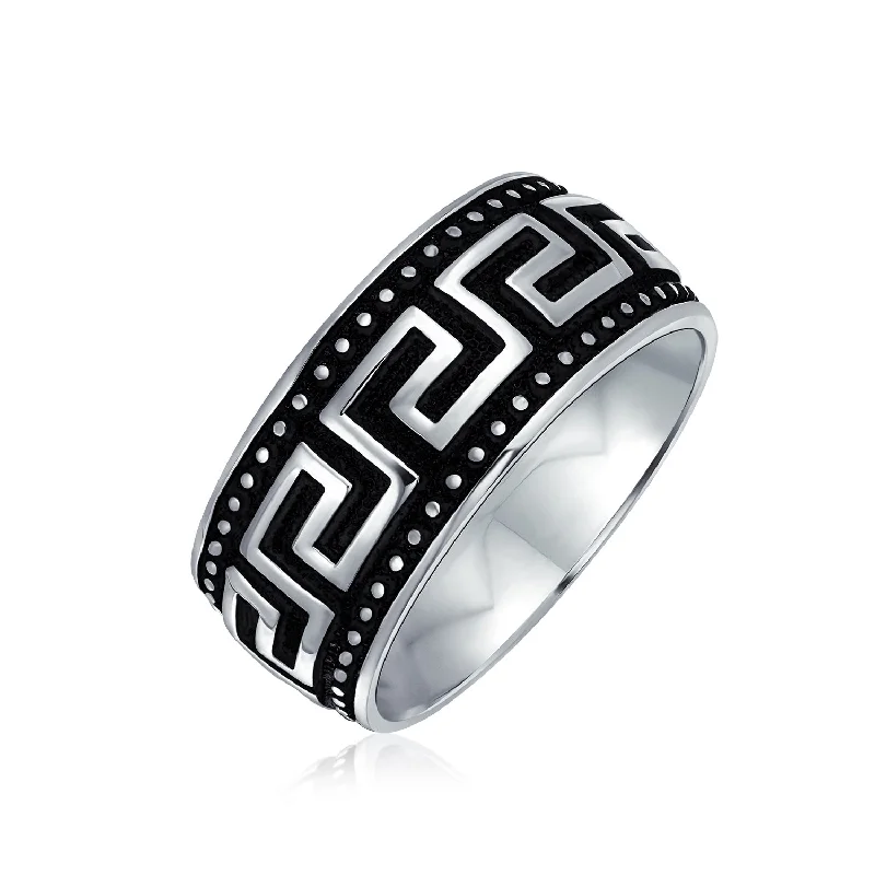 women’s vintage ring-Mens Silver Ring with Geometric Greek Key Design Black & Silver Two-Tone Band