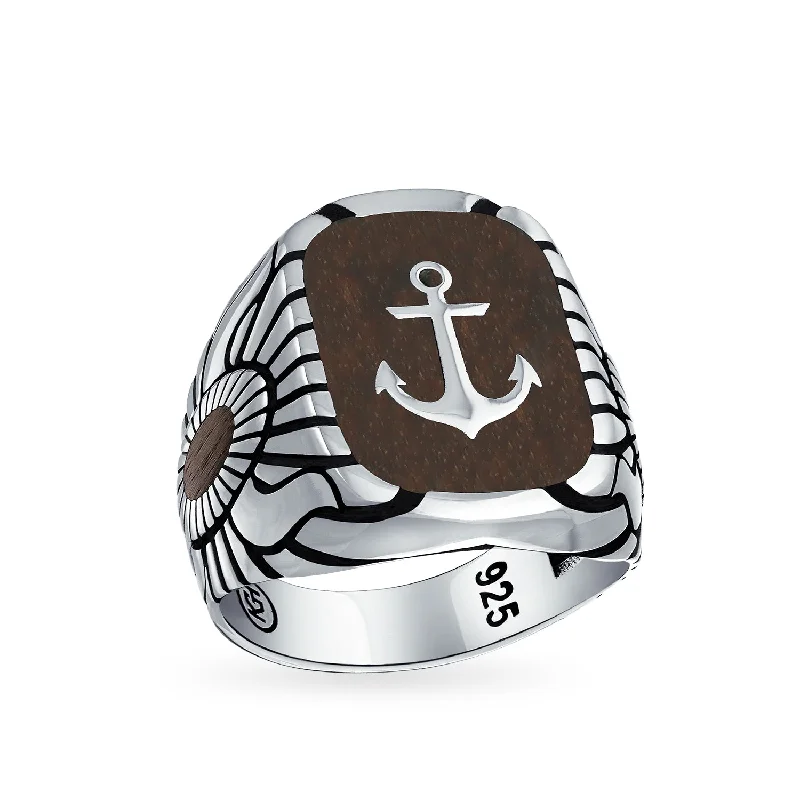 women’s luxury diamond ring-Mens Silver Ring with Nautical Etched Wood Inset and Anchor Design Sterling Silver