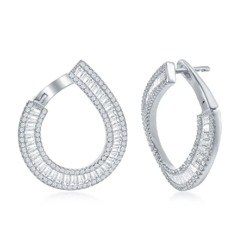 women’s oval earrings-Sterling Silver J Shape Baguette CZ Border Earrings