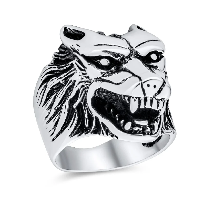 women’s solitaire ring-Hunter Norse Viking Warrior Mens Silver Ring with Fierce Roaring Wolf Head Design