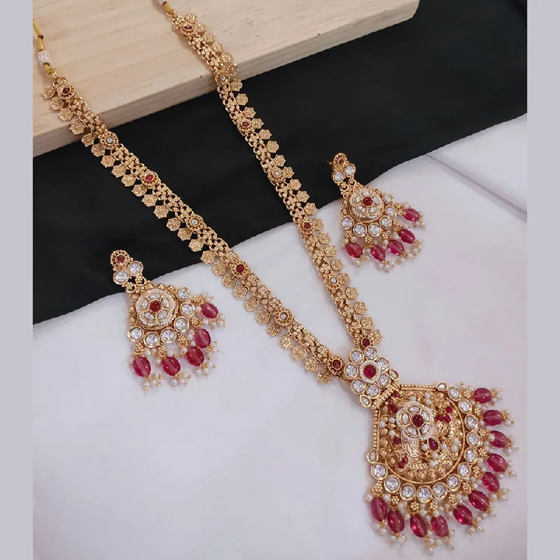 women’s sapphire necklace-Akruti Collection Gold Plated Kundan Stone And Pearls Long Necklace Set