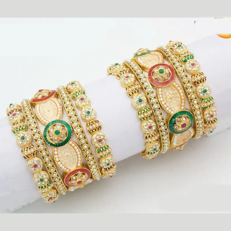 women’s engagement rings with colored diamonds-women’s fine bangle-Pooja Bangles Gold Plated Pota Stone And Pearls Bangle Set