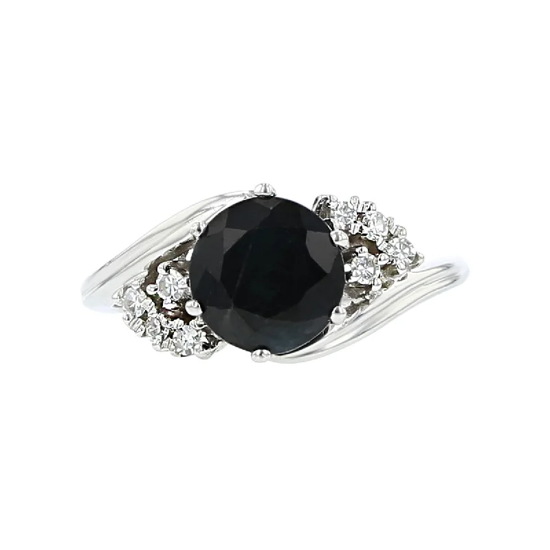 14K White Gold Dark Blue Sapphire Diamond Ring