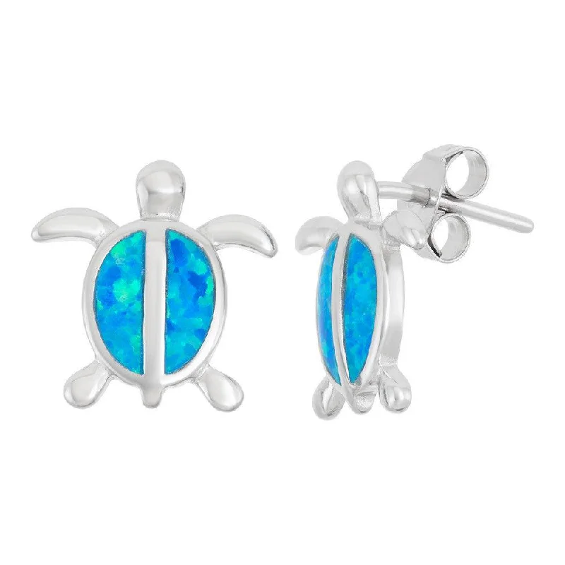 women’s chain earrings-Sterling Silver Blue Inlay Opal Turtle Earrings