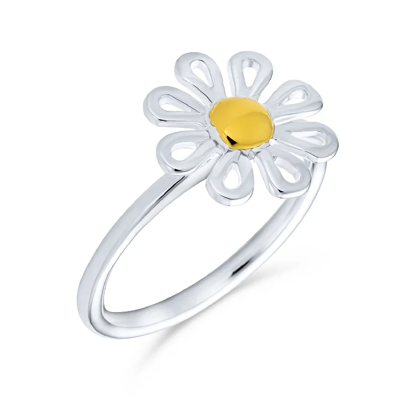 women’s classic ring-Delicate Two Tone Flower Silver Ring Thin Band 14K Gold Plated Sterling Silver