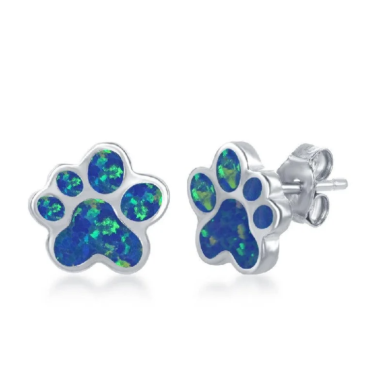 women’s colorful gemstone earrings-Sterling Silver Blue Inlay Opal Paw Stud Earrings