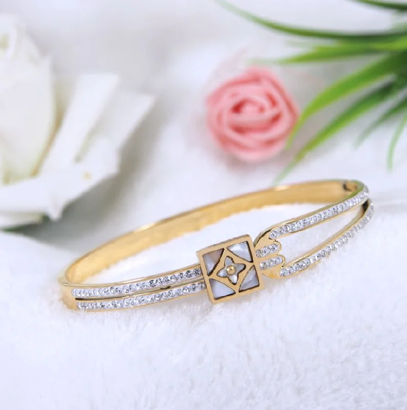 women’s vintage engagement rings-women’s cuff bracelet-Tarohi Jewels Stainless Steel Gold Plated square Shaped Clover Design Kada- STKD 3785