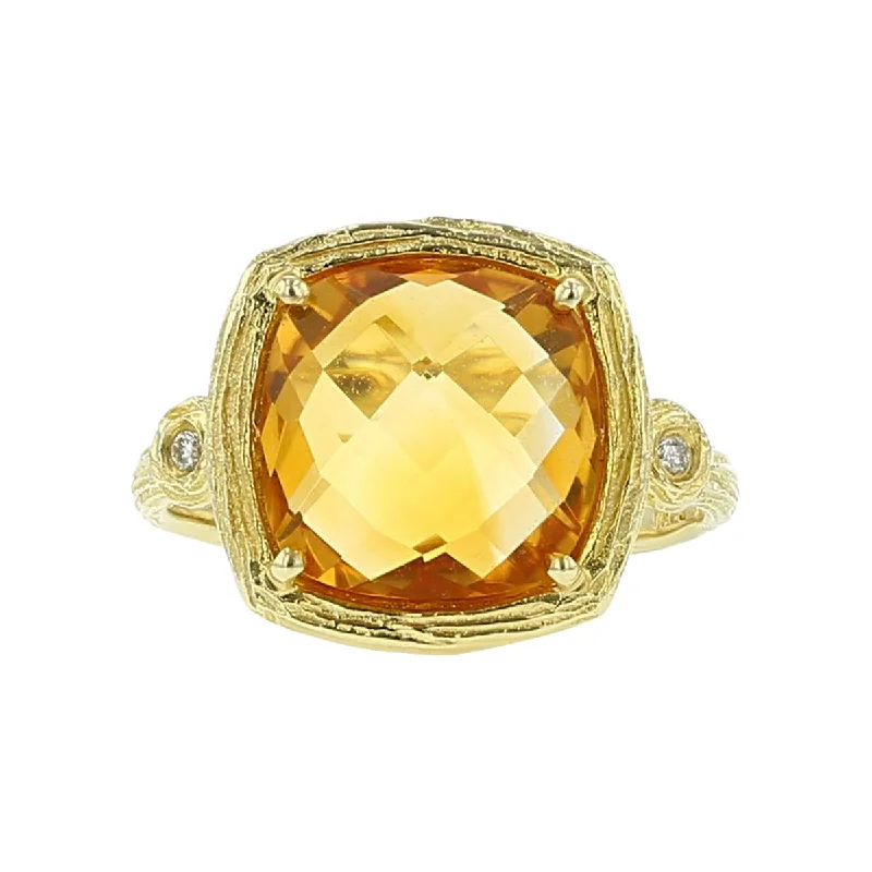 14K Yellow Gold Checkerboard Cut Citrine Diamond Ring