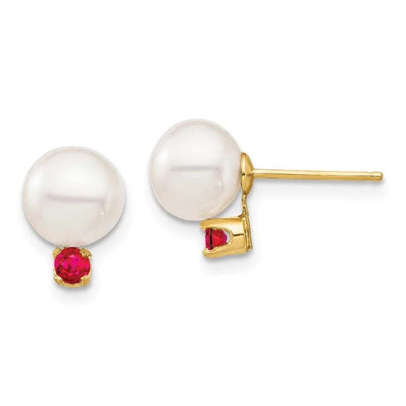 women’s flower earrings-14K 7-7.5mm White Round Freshwater Cultured Pearl Ruby Post Earrings