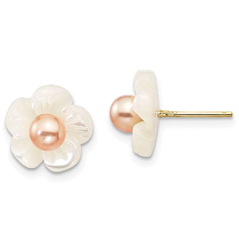 women’s pearl drop earrings-14k 3-4mm Pink FW Cultured Pearl w/10mm MOP Flower Post Earrings