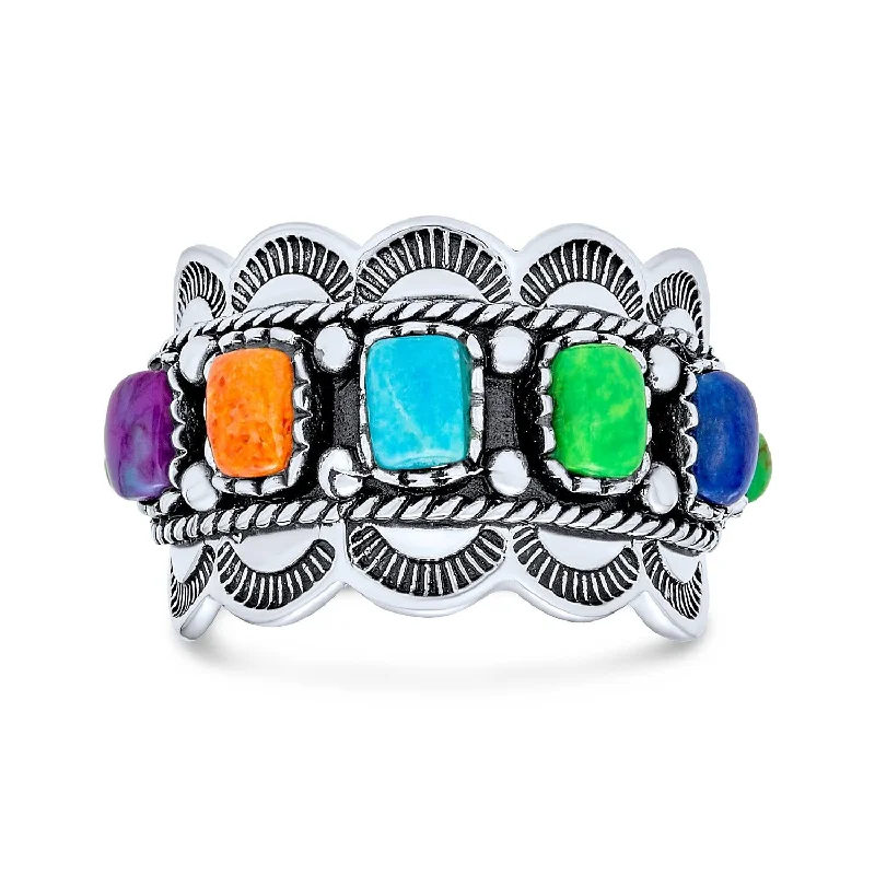 women’s stackable rings set-Southwest Boho Silver Ring with Multi-Color Gemstones in Sterling Silver