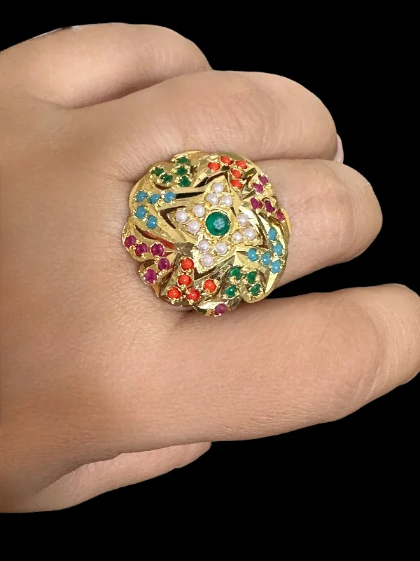 women’s aquamarine ring-DJR106 Jadau ring - Navratan   ( READY TO SHIP )