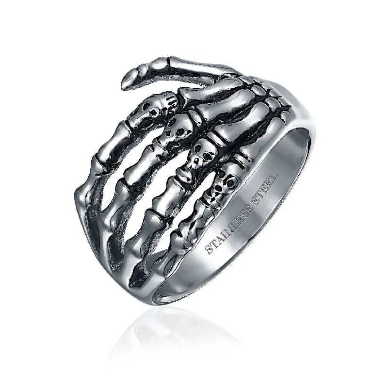 women’s chunky ring-Mens Stainless Steel Goth Biker Punk Rocker Skeleton Hand Wrap Band Ring Silver Tone