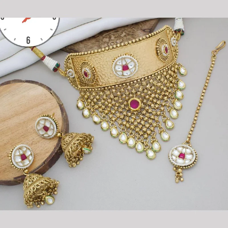 women’s dainty necklace-Manisha Jewellery Gold Plated Pota Stone And Pearls Choker Necklace Set