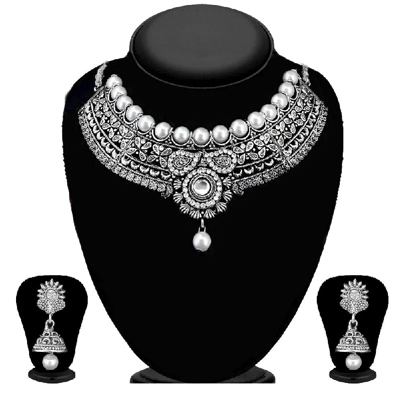 women’s white gold necklace-Kriaa Silver Plated Austrian Stone And Kundan Oxidised Choker Necklace Set - 1115304