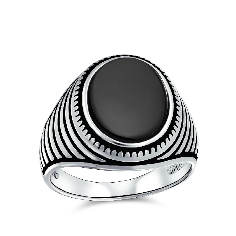 women’s ruby ring-Mens Retro Stripe Gemstone Statement Oval Onyx Signet Ring Silver