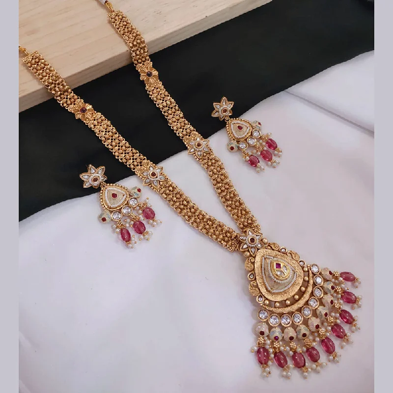 women’s engraved necklace-Akruti Collection Gold Plated Kundan Stone And Pearls Meenakari Long Necklace Set