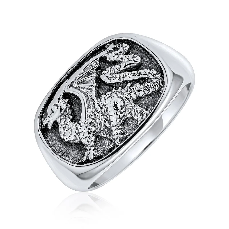 women’s halo ring-Mens Silver Ring - Large Rectangle Signet Viking Carved Dragon Shield .925 Sterling