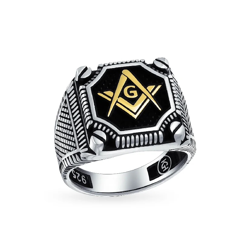 women’s sterling silver wedding ring-Mens Silver Ring with Tri Tone Black Inlay Compass Freemason Masonic Signet Design