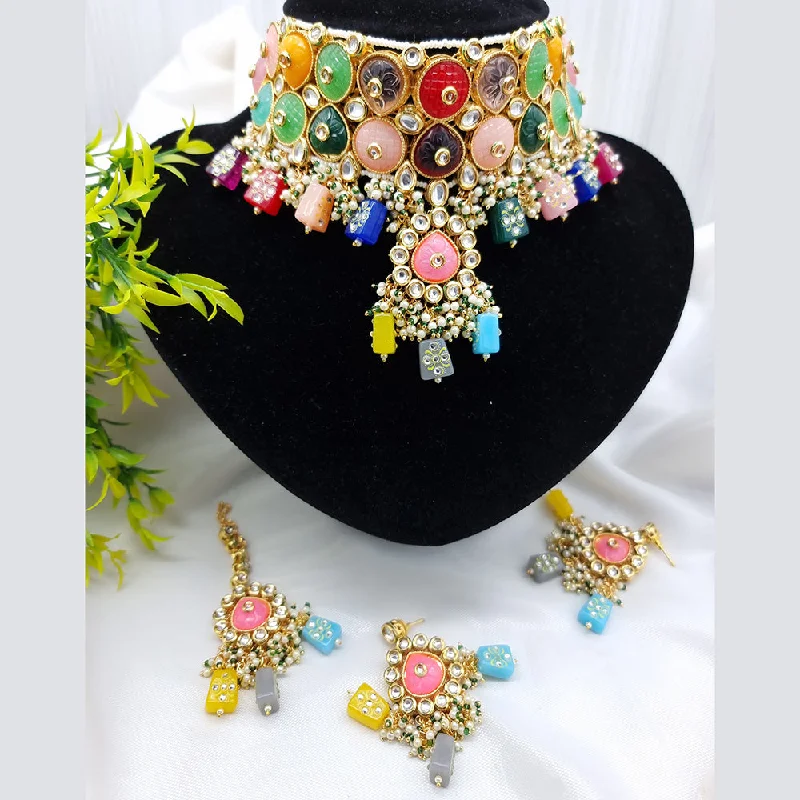 women’s gold-plated necklace-JCM Gold Plated Kundan Stone And Beads Choker Necklace Set