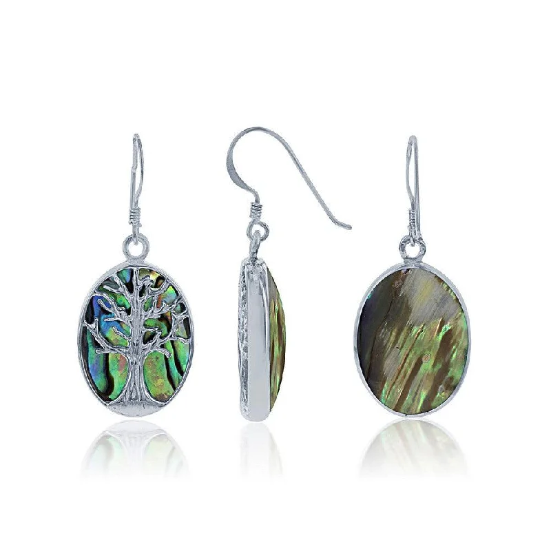 women’s silver dangly earrings-Sterling Silver Large Oval Abalone Tree Earrings