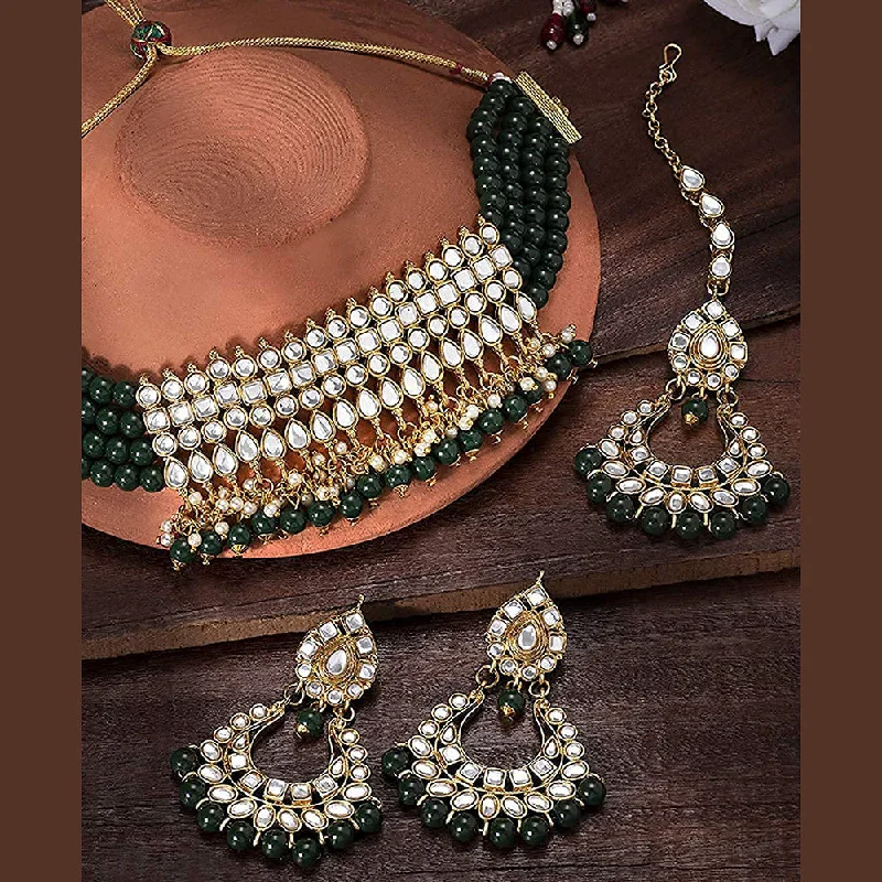 women’s cubic zirconia necklace-Etnico 18K Gold-Plated Kundan & Pearl Studded Choker Necklace Jewellery Set for Women Kundan & Girls (K7083G)