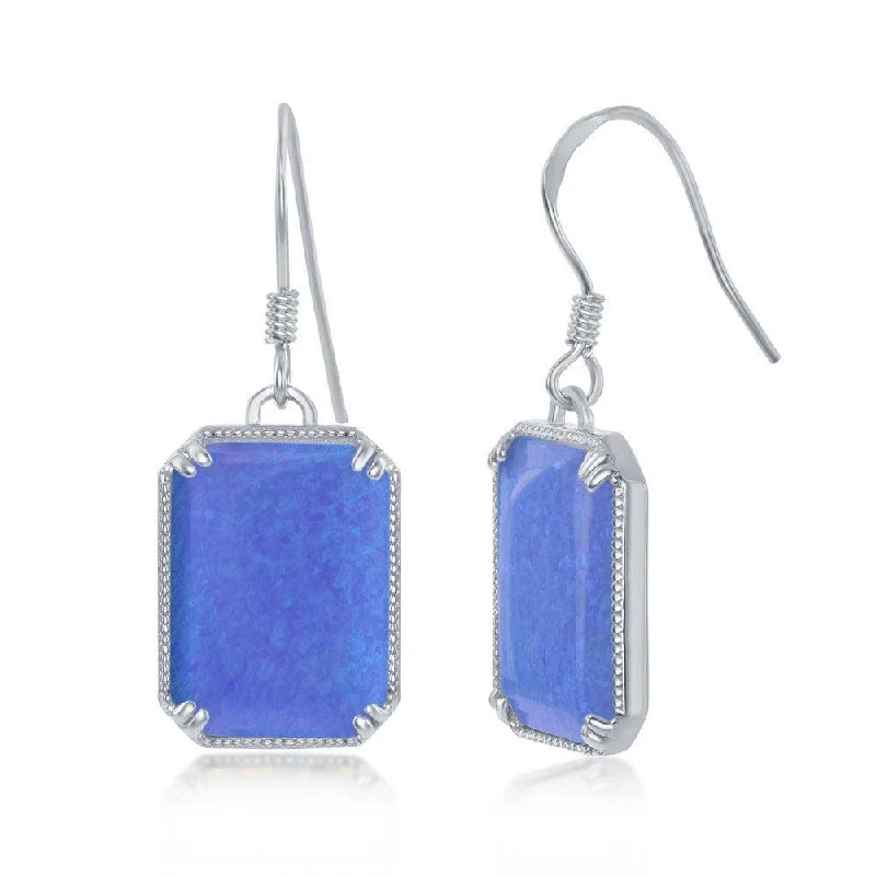 women’s silver drop earrings-Sterling Silver Rectangle Blue Opal Beaded Earrings