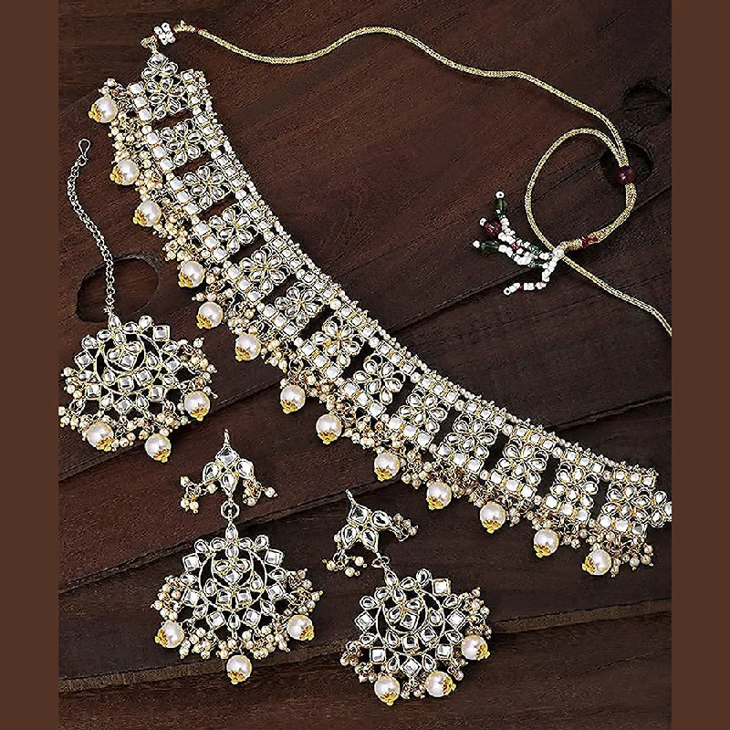 women’s stylish necklace-Etnico Gold Plated Traditional Kundan & Pearl Studded Choker Necklace Jewellery Set with Earrings & Maang Tikka For Women (K7069W)