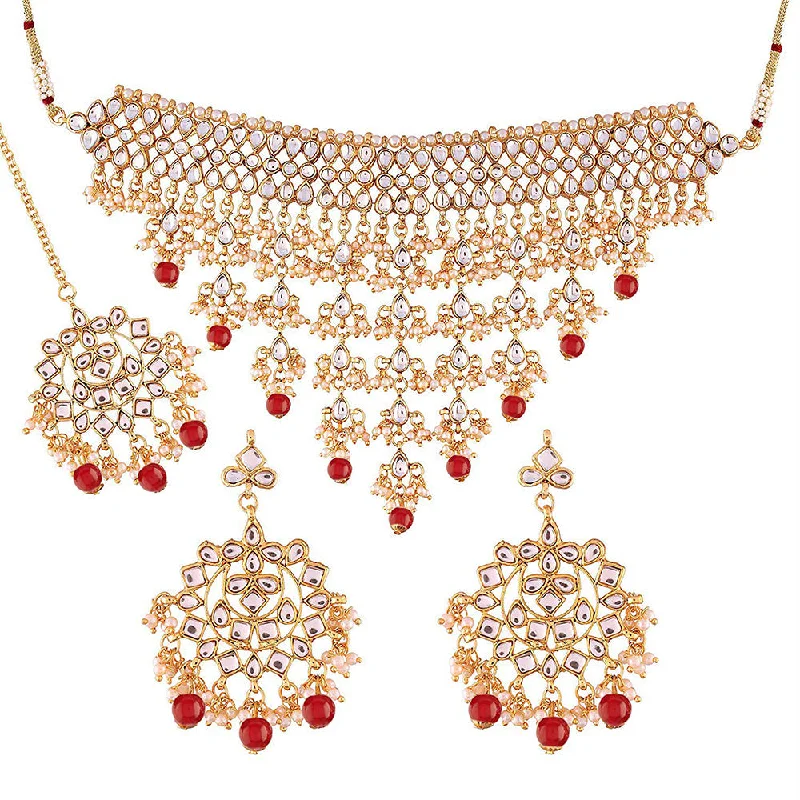 women’s chain necklace-Etnico 18K Gold Plated Traditional Kundan & Pearl Studded Choker Necklace Jewellery Set with Earrings & Maang Tikka For Women (K7064R)