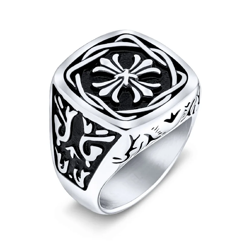 women’s engraved band ring-Mens Stainless Steel Medieval Viking Maltese Cross Signet Ring Oxidized Silver Tone