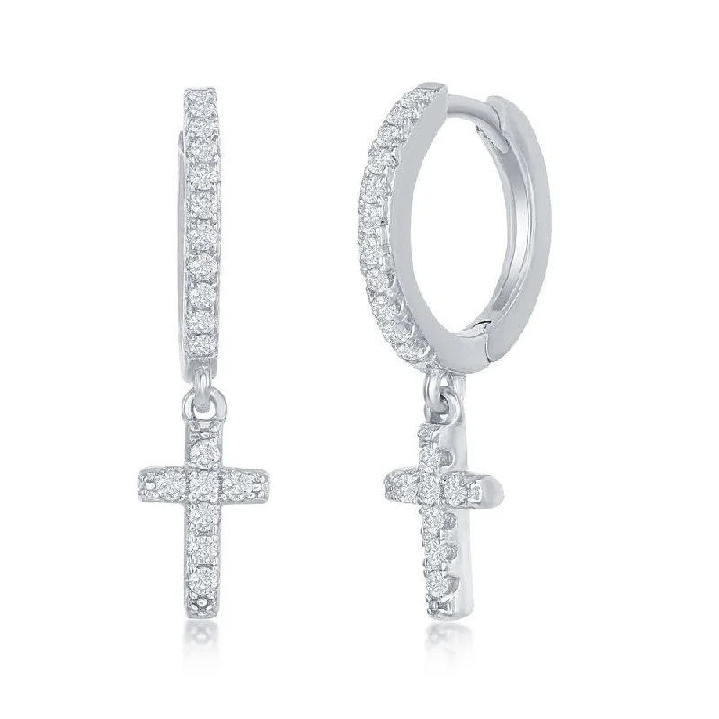 women’s diamond drop earrings-Sterling Silver Small Huggie Hoop CZ Cross Earrings