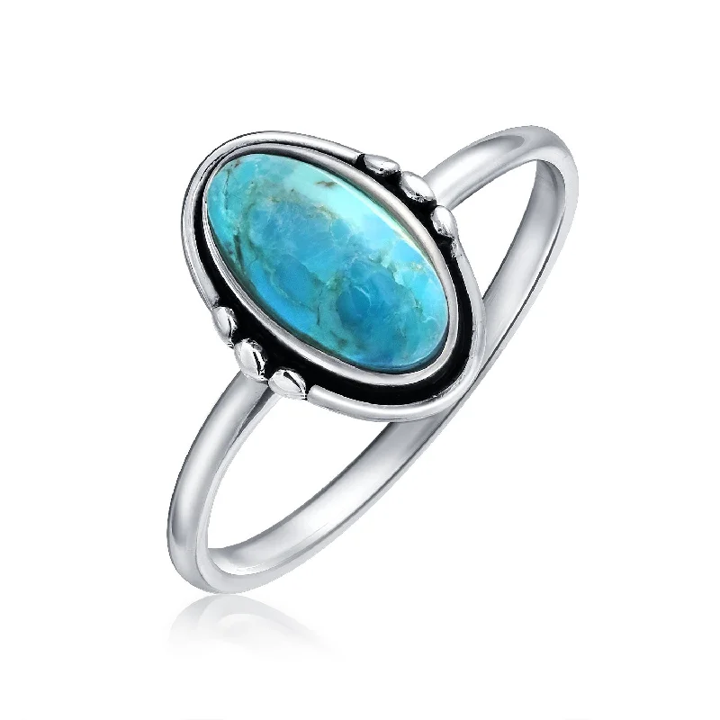 women’s round ring-Western Boho Silver Ring with Oval Cabochon Gemstone and Thin Band