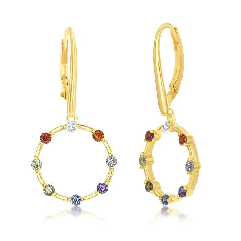 women’s hoop earrings-Sterling Silver GP Rainbow CZ Open Circle Dangle Earrings