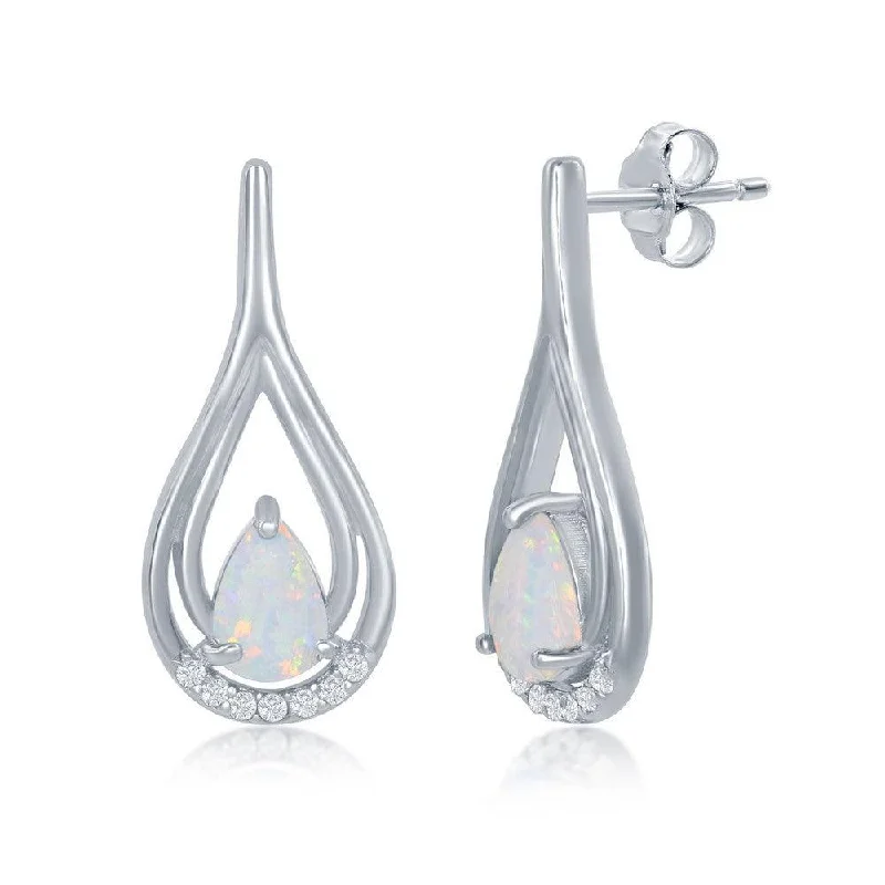 women’s opal earrings-Sterling Silver White Opal Pear Shaped CZ Earrings