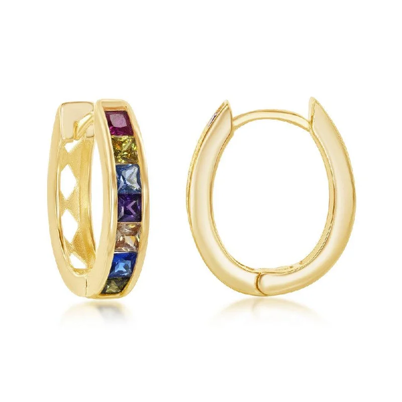 women’s sapphire earrings-Sterling Silver Gold Plated Rainbow CZ Oval Hoops Earrings