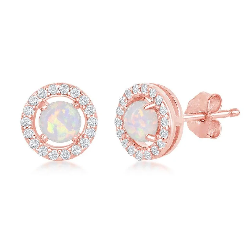 women’s stud earrings-Sterling Silver Rose GP Four-Prong White Opal Halo Earrings