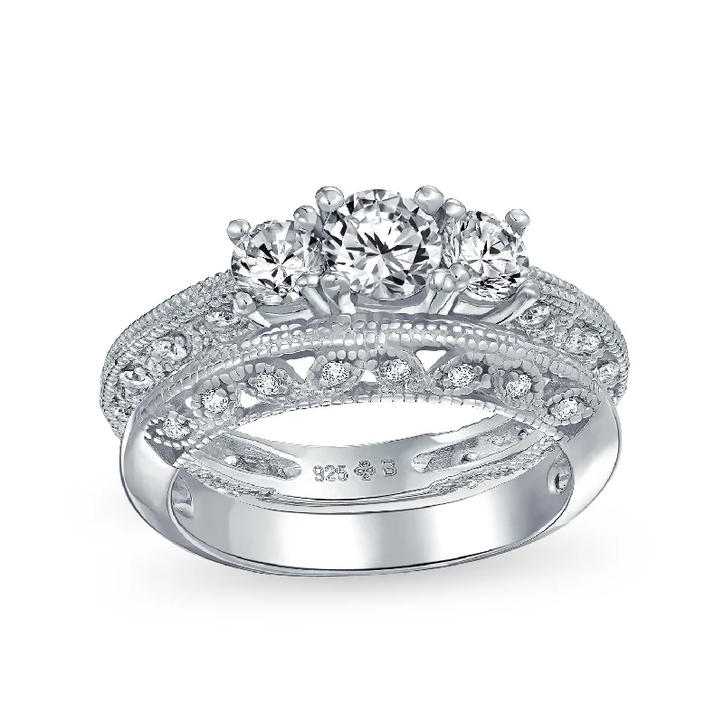 women’s stackable rings set-Art Deco Cocktail Statement Ring: Vintage Filigree CZ 3CT Solitaire Sterling Silver