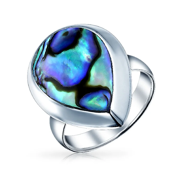 women’s pearl engagement ring-Silver Ring with Teardrop Bezel Rainbow Shell Abalone Boho Fashion Statement