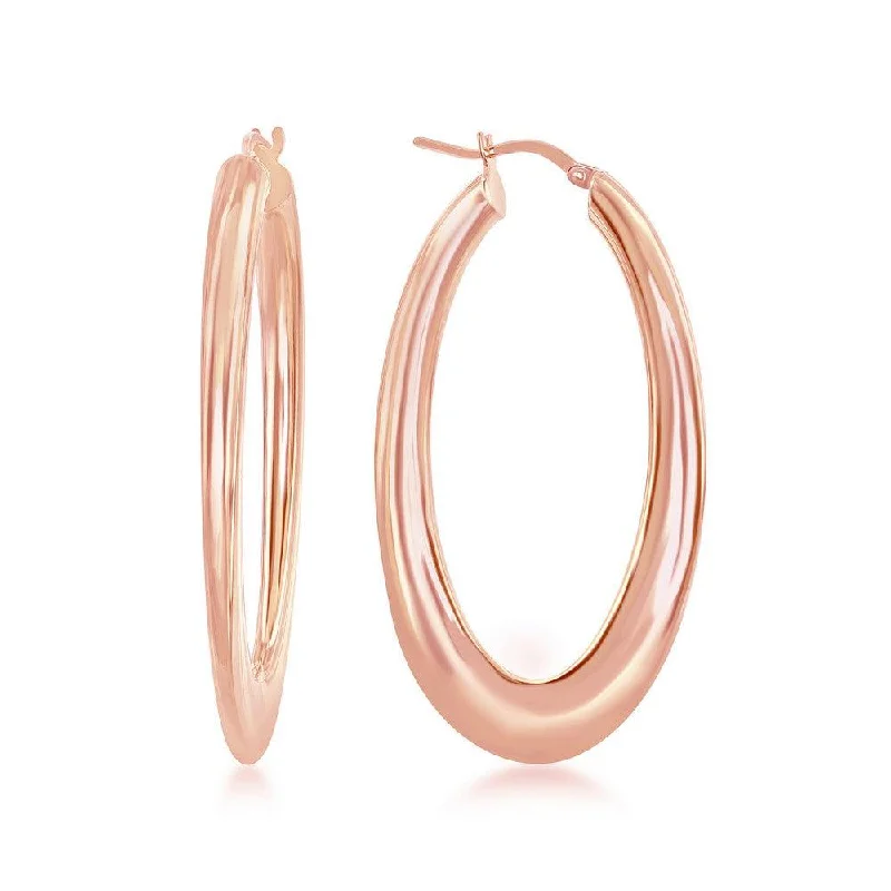 women’s double stud earrings-Sterling Silver Rose Gold Plated Bottom Flat Oval Hoop Earrings