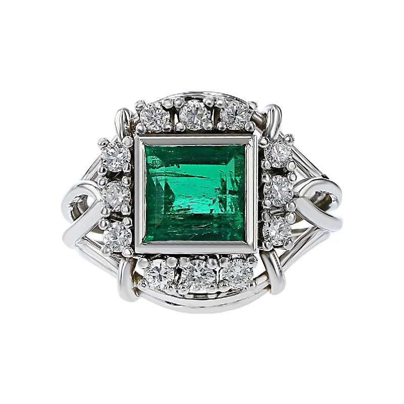 18K White Gold Square Emerald and Diamond Ring